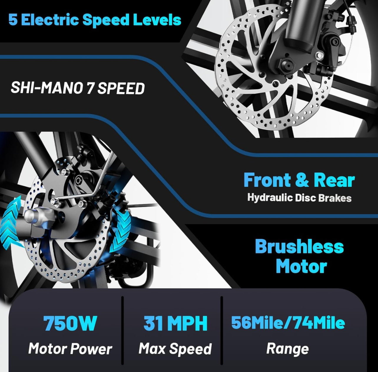 V8 Max Electric Bike Adults, Electric Mountain Bike with Dual 48V 15Ah Removable Larger Battery, 750W Motor Adult Electric Bicycles, 20''x 4.0 Fat Tire E Bike 7-Speed, Hydraulic Brake, Black